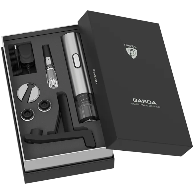 Prestigio Garda, smart wine opener, simple operation with 2 buttons, aerator, vacuum stopper preserver, foil cutter, opens up to 50 bottles wihout recharging, premium design, 500mAh battery, Dimensions D 17mm* H 290mm* W100 mm, silver color. — image 17