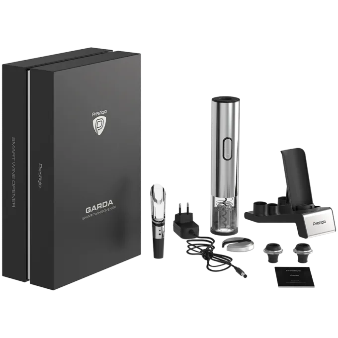 Prestigio Garda, smart wine opener, simple operation with 2 buttons, aerator, vacuum stopper preserver, foil cutter, opens up to 50 bottles wihout recharging, premium design, 500mAh battery, Dimensions D 17mm* H 290mm* W100 mm, silver color. — image 18