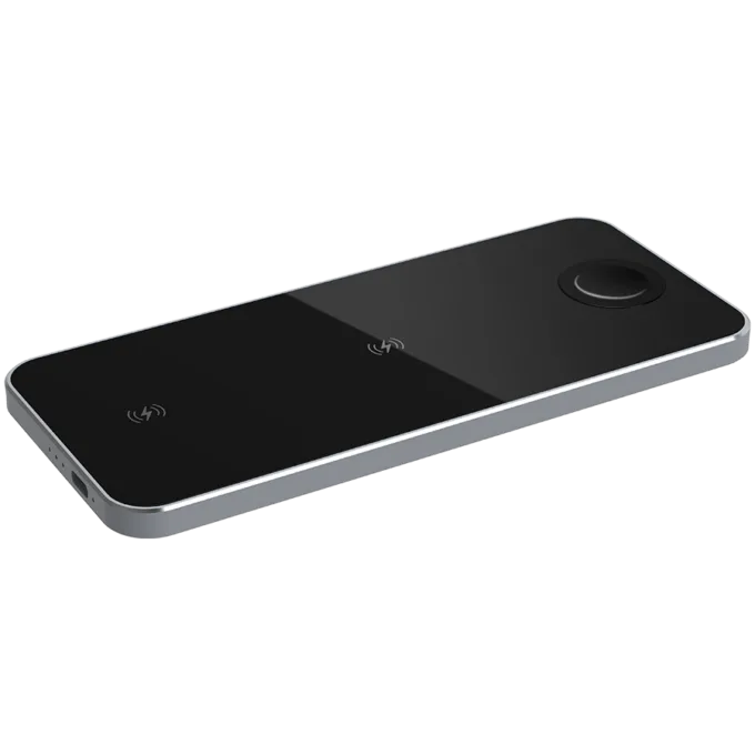 Prestigio ReVolt A5, 3-in-1 wireless charging station for iPhone, Apple Watch, AirPods, wilreless output for phone 7.5W/10W, wireless output for AirPods 5W, wireless output for Apple Watch 2.5W, material: aluminum+tempered glass, black+space grey color. — image 1