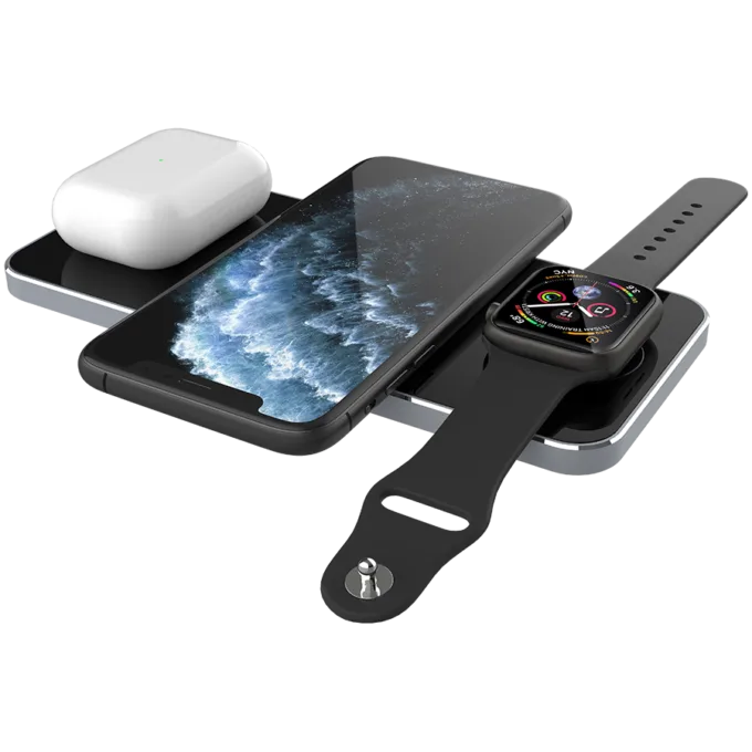 Prestigio ReVolt A5, 3-in-1 wireless charging station for iPhone, Apple Watch, AirPods, wilreless output for phone 7.5W/10W, wireless output for AirPods 5W, wireless output for Apple Watch 2.5W, material: aluminum+tempered glass, black+space grey color. — image 7