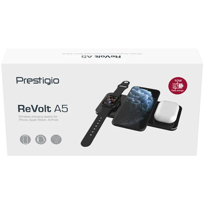 Prestigio ReVolt A5, 3-in-1 wireless charging station for iPhone, Apple Watch, AirPods, wilreless output for phone 7.5W/10W, wireless output for AirPods 5W, wireless output for Apple Watch 2.5W, material: aluminum+tempered glass, black+space grey color. — image 10