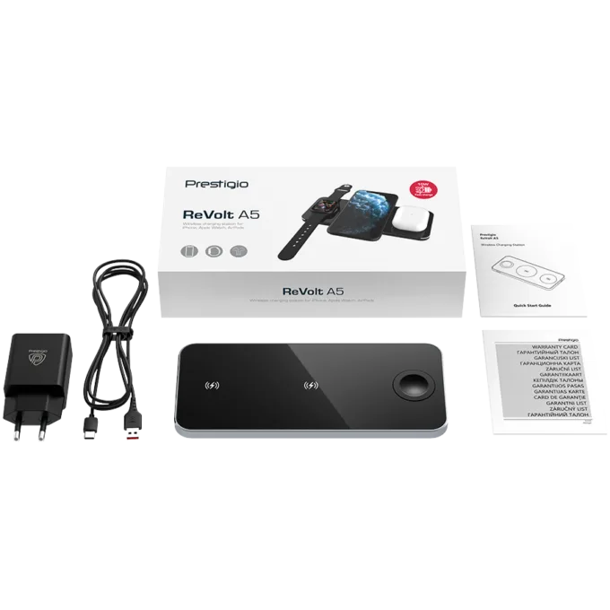 Prestigio ReVolt A5, 3-in-1 wireless charging station for iPhone, Apple Watch, AirPods, wilreless output for phone 7.5W/10W, wireless output for AirPods 5W, wireless output for Apple Watch 2.5W, material: aluminum+tempered glass, black+space grey color. — image 9