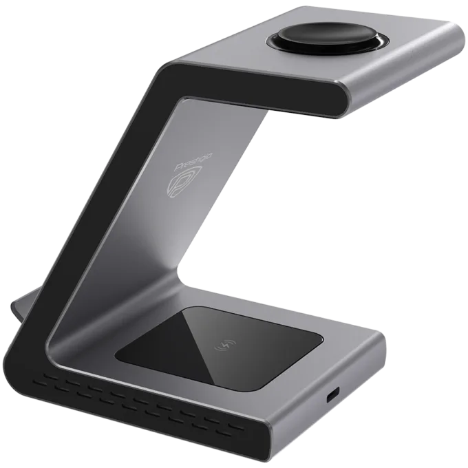 Prestigio ReVolt A8, 3-in-1 wireless charging station for iPhone, Apple Watch, AirPods, wilreless output for phone 7.5W/10W, wireless output for AirPods 5W, wireless output for Apple Watch 2.5W, material: aluminum+tempered glass, space grey color. — image 4