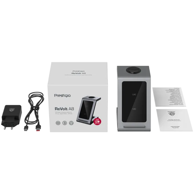 Prestigio ReVolt A8, 3-in-1 wireless charging station for iPhone, Apple Watch, AirPods, wilreless output for phone 7.5W/10W, wireless output for AirPods 5W, wireless output for Apple Watch 2.5W, material: aluminum+tempered glass, space grey color. — image 11