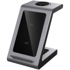 Prestigio ReVolt A8, 3-in-1 wireless charging station for iPhone, Apple Watch, AirPods, wilreless output for phone 7.5W/10W, wireless output for AirPods 5W, wireless output for Apple Watch 2.5W, material: aluminum+tempered glass, space grey color.