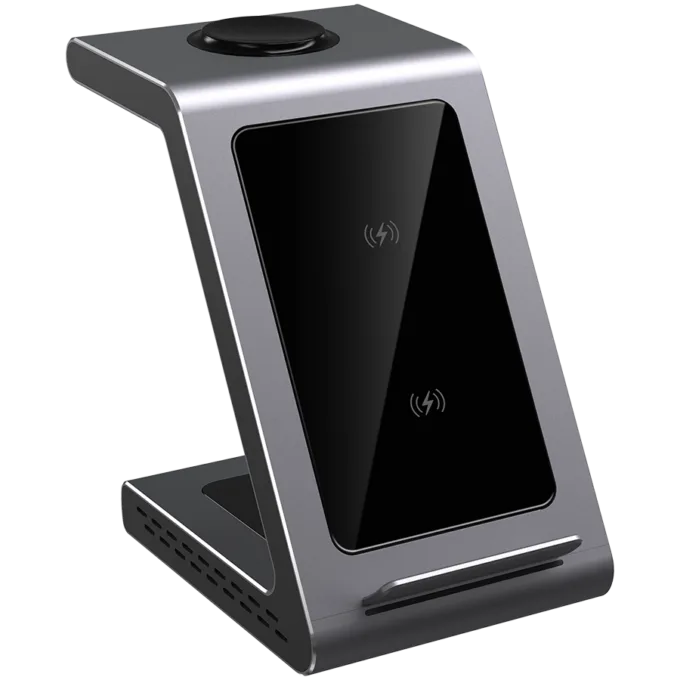 Prestigio ReVolt A8, 3-in-1 wireless charging station for iPhone, Apple Watch, AirPods, wilreless output for phone 7.5W/10W, wireless output for AirPods 5W, wireless output for Apple Watch 2.5W, material: aluminum+tempered glass, space grey color. — image 3
