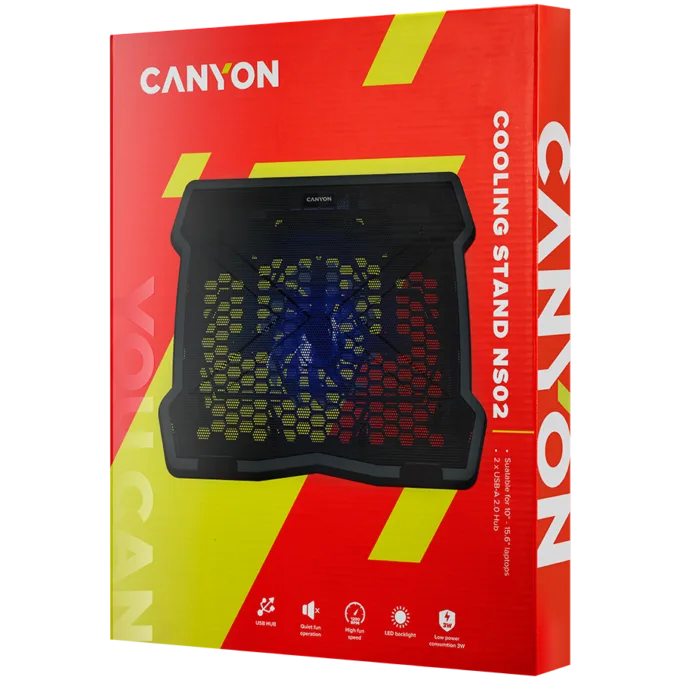 CANYON NS02, Cooling stand single fan with 2x2.0 USB hub, support up to 10”-15.6” laptop, ABS plastic and iron, Fans dimension:125*125*15mm(1pc), DC 5V, fan speed: 800-1000RPM, size:340*265*30mm, 406g — image 4