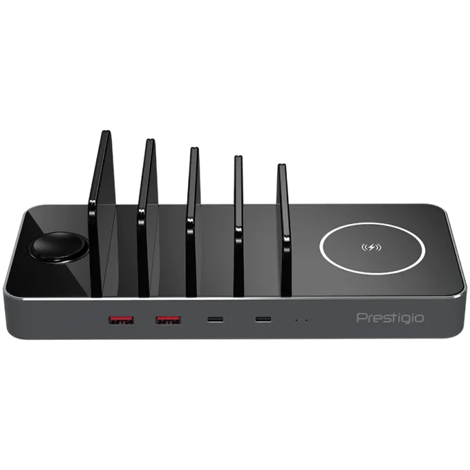 Prestigio ReVolt A6, 6-in-1 charger; 2 wireless interfaces: for all gadgets that support Qi wireless charging standard 5W/7.5W/10W and for Apple Watch 2.5W, 2*Type-C 18W(PD); 2*USB: 18W(QC3.0), black+space grey color. — image 2