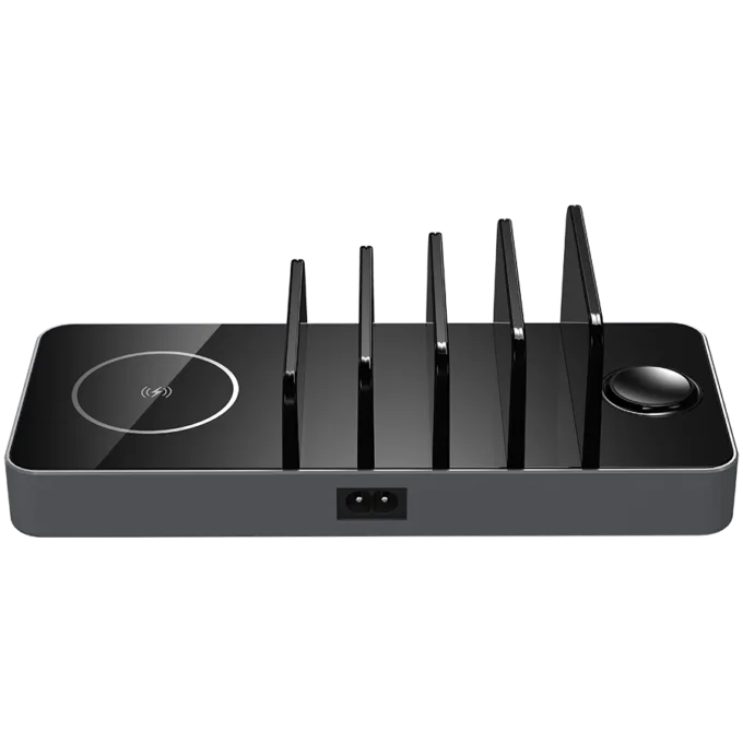 Prestigio ReVolt A6, 6-in-1 charger; 2 wireless interfaces: for all gadgets that support Qi wireless charging standard 5W/7.5W/10W and for Apple Watch 2.5W, 2*Type-C 18W(PD); 2*USB: 18W(QC3.0), black+space grey color. — image 3