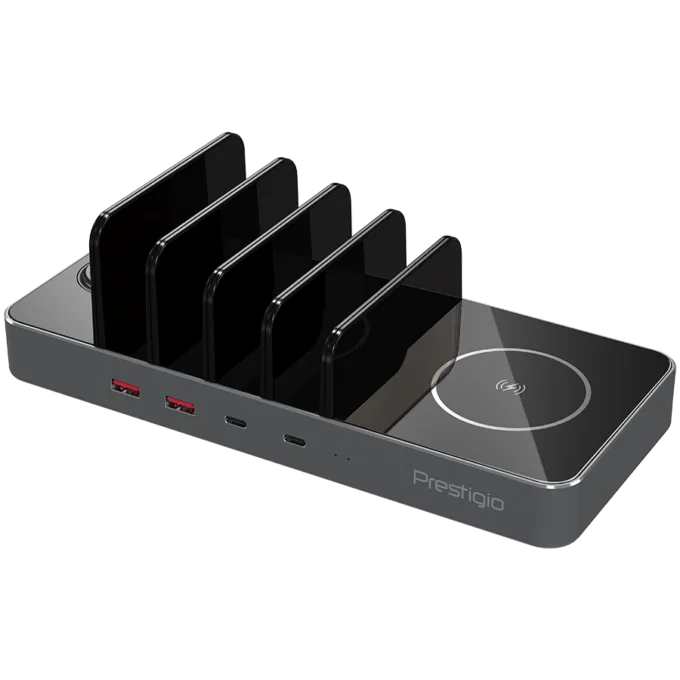 Prestigio ReVolt A6, 6-in-1 charger; 2 wireless interfaces: for all gadgets that support Qi wireless charging standard 5W/7.5W/10W and for Apple Watch 2.5W, 2*Type-C 18W(PD); 2*USB: 18W(QC3.0), black+space grey color. — image 4