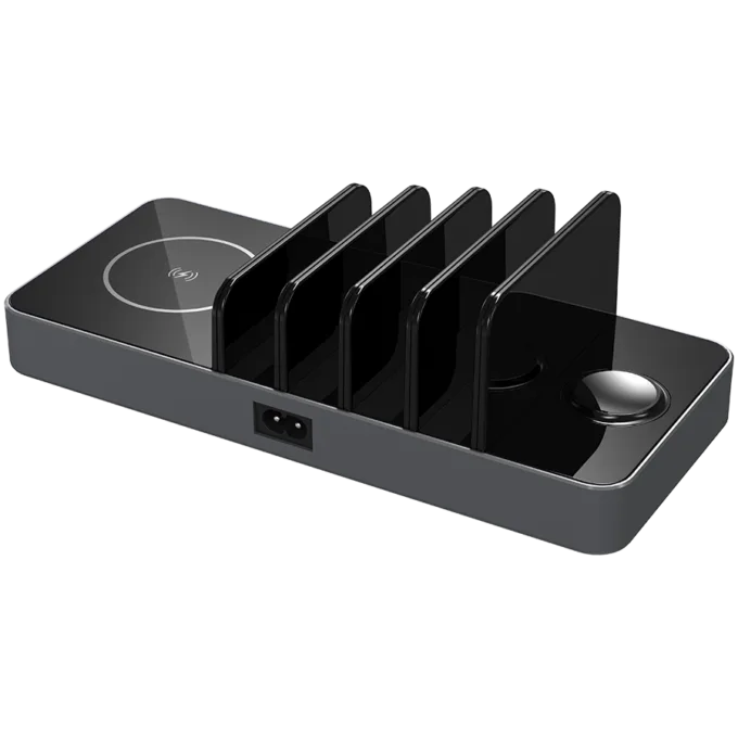 Prestigio ReVolt A6, 6-in-1 charger; 2 wireless interfaces: for all gadgets that support Qi wireless charging standard 5W/7.5W/10W and for Apple Watch 2.5W, 2*Type-C 18W(PD); 2*USB: 18W(QC3.0), black+space grey color. — image 5