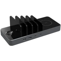 Prestigio ReVolt A6, 6-in-1 charger; 2 wireless interfaces: for all gadgets that support Qi wireless charging standard 5W/7.5W/10W and for Apple Watch 2.5W, 2*Type-C 18W(PD); 2*USB: 18W(QC3.0), black+space grey color.