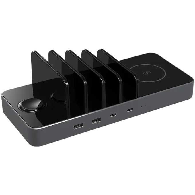 Prestigio ReVolt A6, 6-in-1 charger; 2 wireless interfaces: for all gadgets that support Qi wireless charging standard 5W/7.5W/10W and for Apple Watch 2.5W, 2*Type-C 18W(PD); 2*USB: 18W(QC3.0), black+space grey color. — image 1