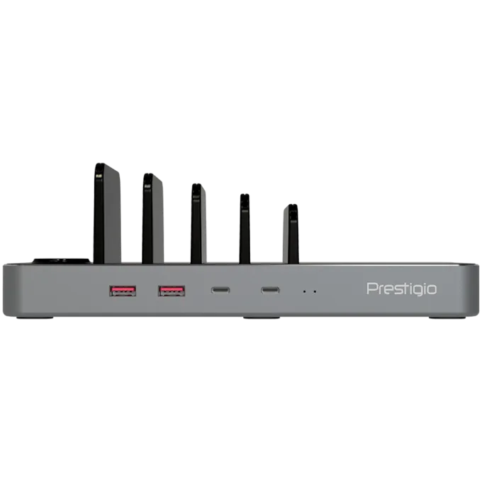 Prestigio ReVolt A6, 6-in-1 charger; 2 wireless interfaces: for all gadgets that support Qi wireless charging standard 5W/7.5W/10W and for Apple Watch 2.5W, 2*Type-C 18W(PD); 2*USB: 18W(QC3.0), black+space grey color. — image 8