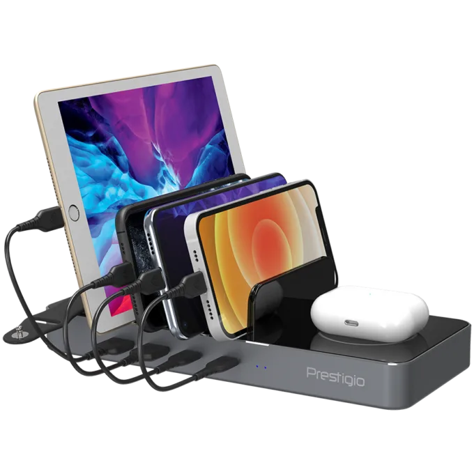 Prestigio ReVolt A6, 6-in-1 charger; 2 wireless interfaces: for all gadgets that support Qi wireless charging standard 5W/7.5W/10W and for Apple Watch 2.5W, 2*Type-C 18W(PD); 2*USB: 18W(QC3.0), black+space grey color. — image 10