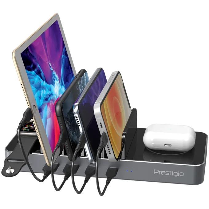 Prestigio ReVolt A6, 6-in-1 charger; 2 wireless interfaces: for all gadgets that support Qi wireless charging standard 5W/7.5W/10W and for Apple Watch 2.5W, 2*Type-C 18W(PD); 2*USB: 18W(QC3.0), black+space grey color. — image 11