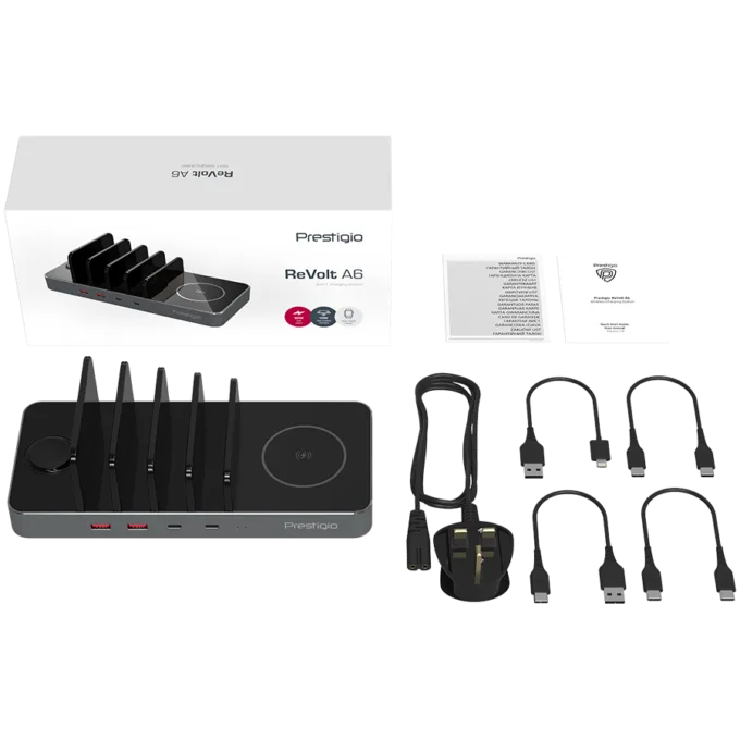 Prestigio ReVolt A6, 6-in-1 charger; 2 wireless interfaces: for all gadgets that support Qi wireless charging standard 5W/7.5W/10W and for Apple Watch 2.5W, 2*Type-C 18W(PD); 2*USB: 18W(QC3.0), black+space grey color. — image 13