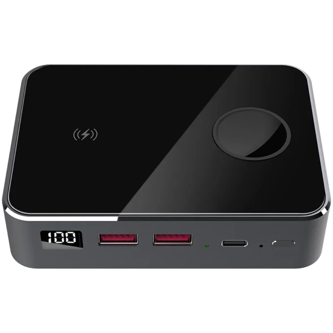 Prestigio Graphene PD PRO Watch Edition, fast charging powerbank, 20000 mAh, 2*USB3.0 QC, 1*Type-C PD, wireless charger 10W, Apple Watch wireless charger 2,5W, LED indicator, leather case, cable type C-USB, 60W adapter, aluminium and tempered glass, black color — image 1