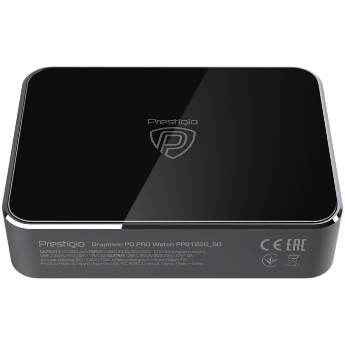Prestigio Graphene PD PRO Watch Edition, fast charging powerbank, 20000 mAh, 2*USB3.0 QC, 1*Type-C PD, wireless charger 10W, Apple Watch wireless charger 2,5W, LED indicator, leather case, cable type C-USB, 60W adapter, aluminium and tempered glass, black color — image 4