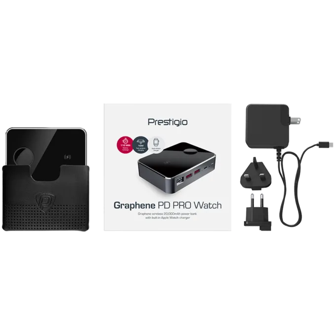 Prestigio Graphene PD PRO Watch Edition, fast charging powerbank, 20000 mAh, 2*USB3.0 QC, 1*Type-C PD, wireless charger 10W, Apple Watch wireless charger 2,5W, LED indicator, leather case, cable type C-USB, 60W adapter, aluminium and tempered glass, black color — image 7