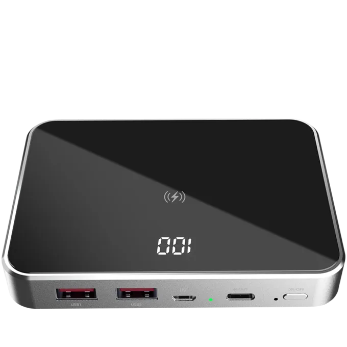 Prestigio Graphene PD, fast charging powerbank, capacity 20000 mAh, 2*USB3.0 quick charge, 1*Type-C PD, wireless charging interface 10W, LED battery indicator, leather case, cable type C-USB, 60W adapter in the box, aluminium and tempered glass, black+space grey color. — image 1