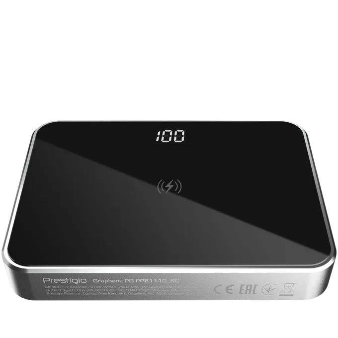 Prestigio Graphene PD, fast charging powerbank, capacity 20000 mAh, 2*USB3.0 quick charge, 1*Type-C PD, wireless charging interface 10W, LED battery indicator, leather case, cable type C-USB, 60W adapter in the box, aluminium and tempered glass, black+space grey color. — image 4