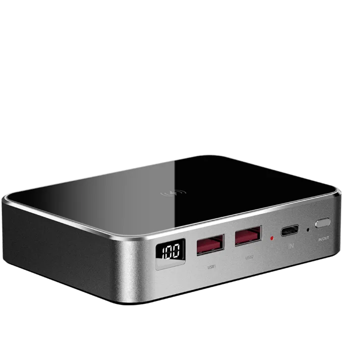 Prestigio Graphene PD PRO, fast charging powerbank, 20000 mAh, 2*USB3.0 QC, 1*Type-C PD, wireless charging interface 10W, LED battery indicator, leather case, cable type C-USB, 60W adapter in the box, aluminium and tempered glass, Silver grey color — image 2