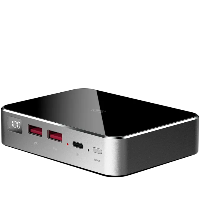 Prestigio Graphene PD PRO, fast charging powerbank, 20000 mAh, 2*USB3.0 QC, 1*Type-C PD, wireless charging interface 10W, LED battery indicator, leather case, cable type C-USB, 60W adapter in the box, aluminium and tempered glass, Silver grey color — image 3