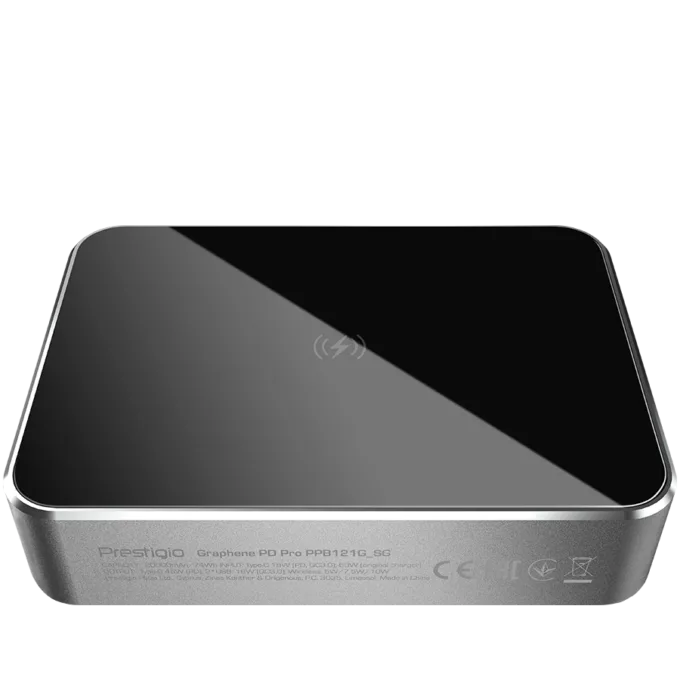 Prestigio Graphene PD PRO, fast charging powerbank, 20000 mAh, 2*USB3.0 QC, 1*Type-C PD, wireless charging interface 10W, LED battery indicator, leather case, cable type C-USB, 60W adapter in the box, aluminium and tempered glass, Silver grey color — image 4