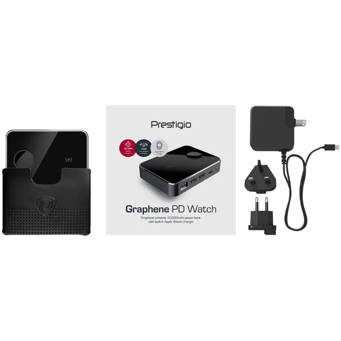 Prestigio Graphene PD Watch Edition, fast charging powerbank, 10000 mAh, 2*USB3.0 QC, 1*Type-C PD, wireless charger 10W, Apple Watch wireless charger 2,5W, LED indicator, leather case, cable type C-USB, 60W adapter, aluminium and tempered glass, black color — image 7