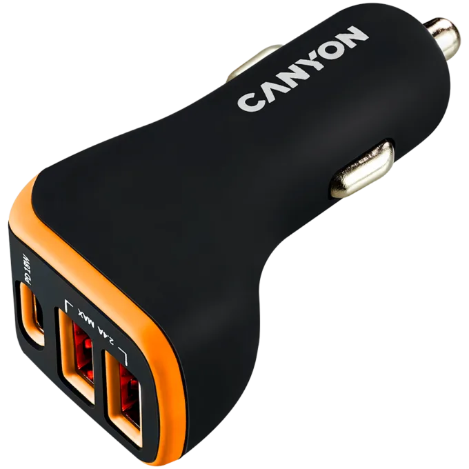 CANYON C-08, Universal 3xUSB car adapter, Input 12V-24V, Output DC USB-A 5V/2.4A(Max) + Type-C PD 18W, with Smart IC, Black+Orange with rubber coating, 71*39*26.2mm, 0.028kg — image 1