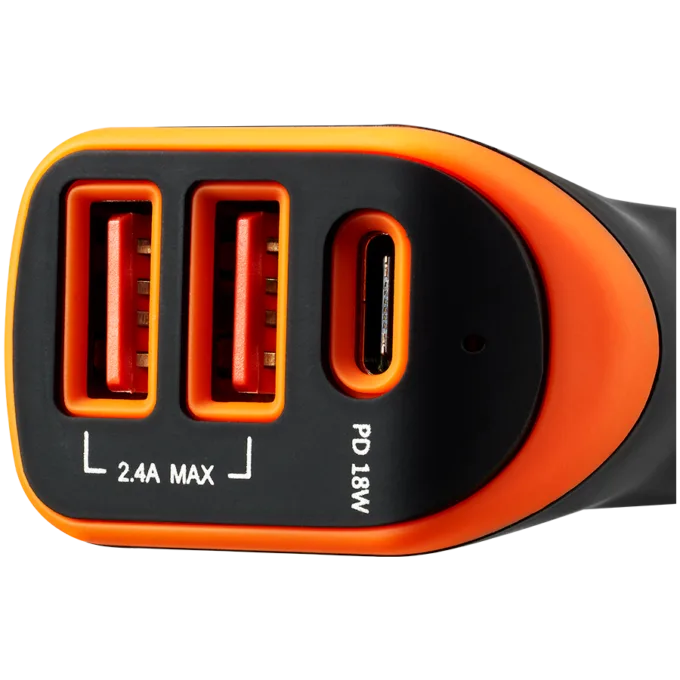 CANYON C-08, Universal 3xUSB car adapter, Input 12V-24V, Output DC USB-A 5V/2.4A(Max) + Type-C PD 18W, with Smart IC, Black+Orange with rubber coating, 71*39*26.2mm, 0.028kg — image 2