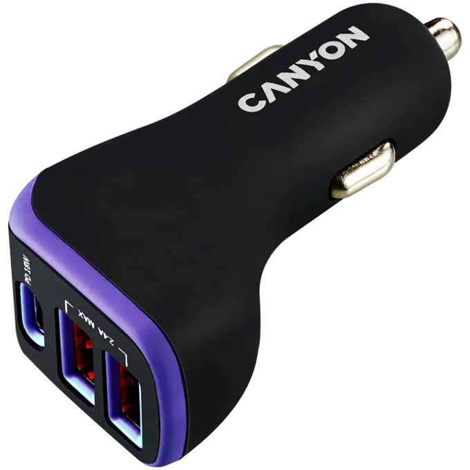 CANYON C-08, Universal 3xUSB car adapter, Input 12V-24V, Output DC USB-A 5V/2.4A(Max) + Type-C PD 18W, with Smart IC, Black+Purple with rubber coating, 71*39*26.2mm, 0.028kg — image 2