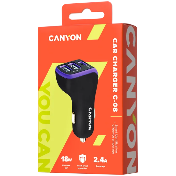 CANYON C-08, Universal 3xUSB car adapter, Input 12V-24V, Output DC USB-A 5V/2.4A(Max) + Type-C PD 18W, with Smart IC, Black+Purple with rubber coating, 71*39*26.2mm, 0.028kg — image 4