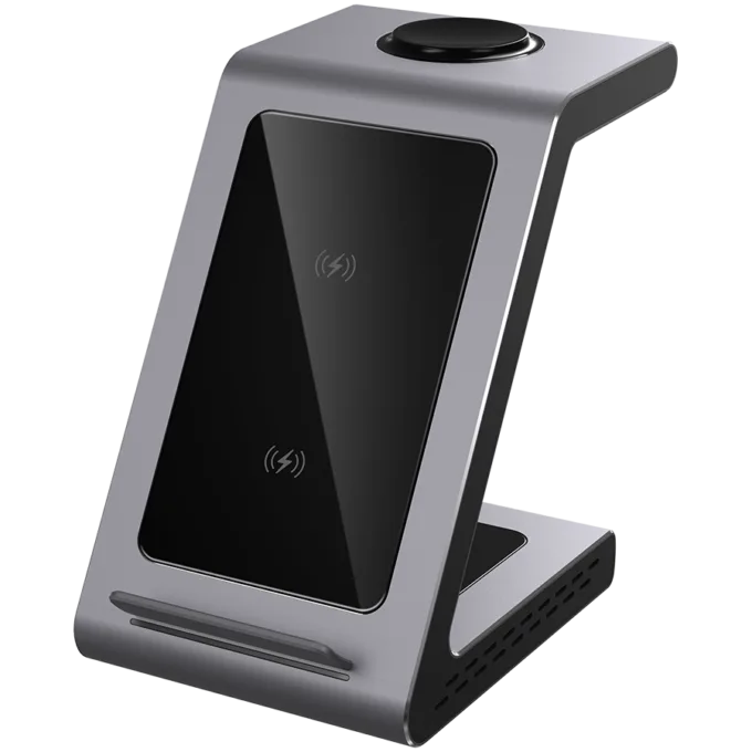 3 in 1 wireless charger Input:5V3A/9V2A/12V1.5A(QC3.0 or PD18W) Wireless: 9V1.1A/5V1.5A (7.5W/10W) Wireless for TWS: 5V 1A(Max) Wireless for Samsung: 5V 0.3A(1.5W), Aluminum+Tempered Glass — image 1