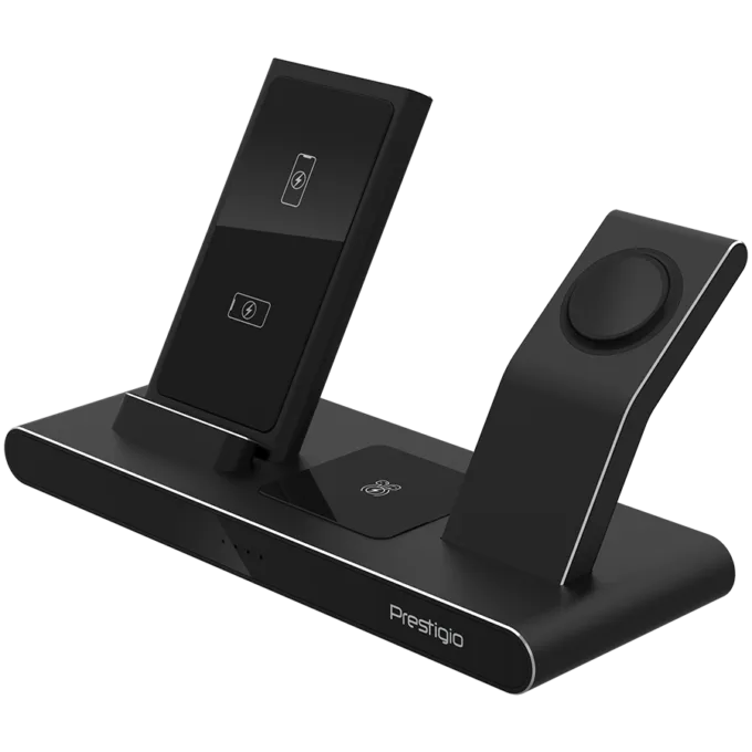 Prestigio ReVolt A7, 3-in-1 wireless charging station for iPhone, Apple Watch, AirPods, wilreless output for phone 7.5W/10W, wireless output for AirPods 5W, wireless output for Apple Watch 2.5W, material: aluminum+tempered glass, black color — image 3