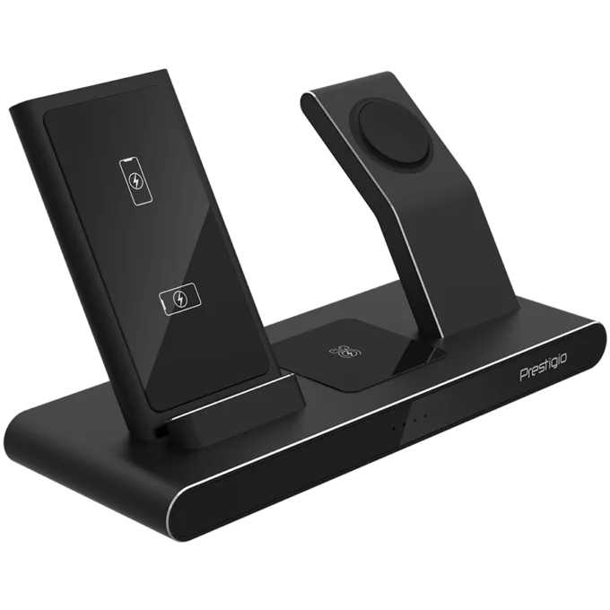 Prestigio ReVolt A7, 3-in-1 wireless charging station for iPhone, Apple Watch, AirPods, wilreless output for phone 7.5W/10W, wireless output for AirPods 5W, wireless output for Apple Watch 2.5W, material: aluminum+tempered glass, black color — image 4