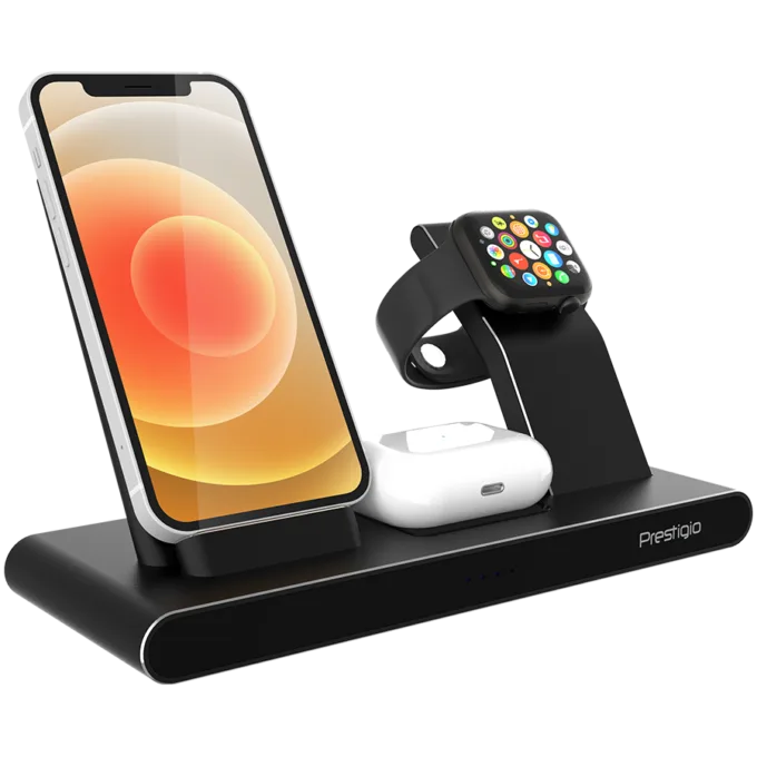 Prestigio ReVolt A7, 3-in-1 wireless charging station for iPhone, Apple Watch, AirPods, wilreless output for phone 7.5W/10W, wireless output for AirPods 5W, wireless output for Apple Watch 2.5W, material: aluminum+tempered glass, black color — image 6
