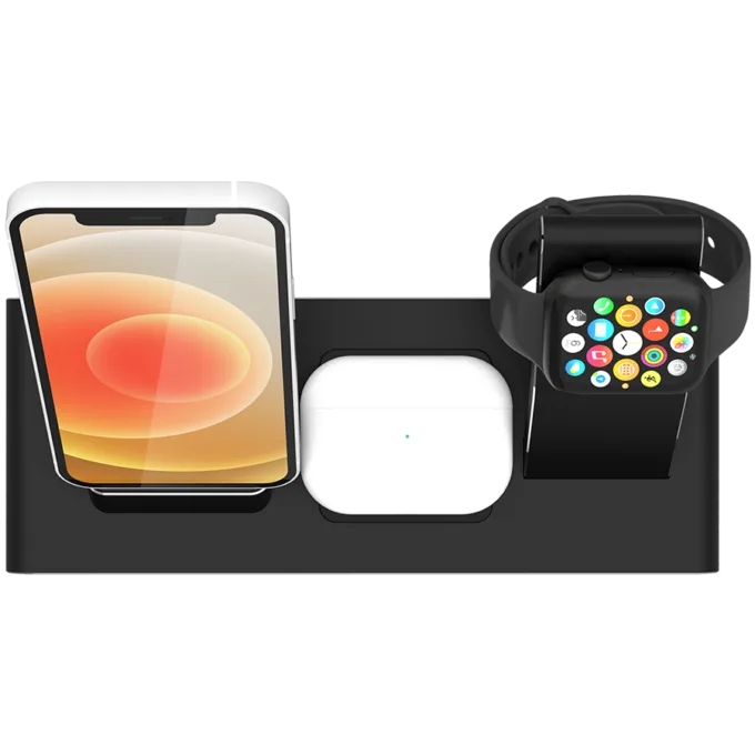 Prestigio ReVolt A7, 3-in-1 wireless charging station for iPhone, Apple Watch, AirPods, wilreless output for phone 7.5W/10W, wireless output for AirPods 5W, wireless output for Apple Watch 2.5W, material: aluminum+tempered glass, black color — image 13