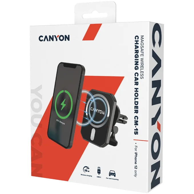 CANYON CH-15, Magnetic car holder and wireless charger, C-15-01, 15W，Input: USB-C: 5V/2A, 9V/3A;Output: 5W, 7.5W, 10W, 15W;83*60*8.15mm,0.147kg,black — image 4