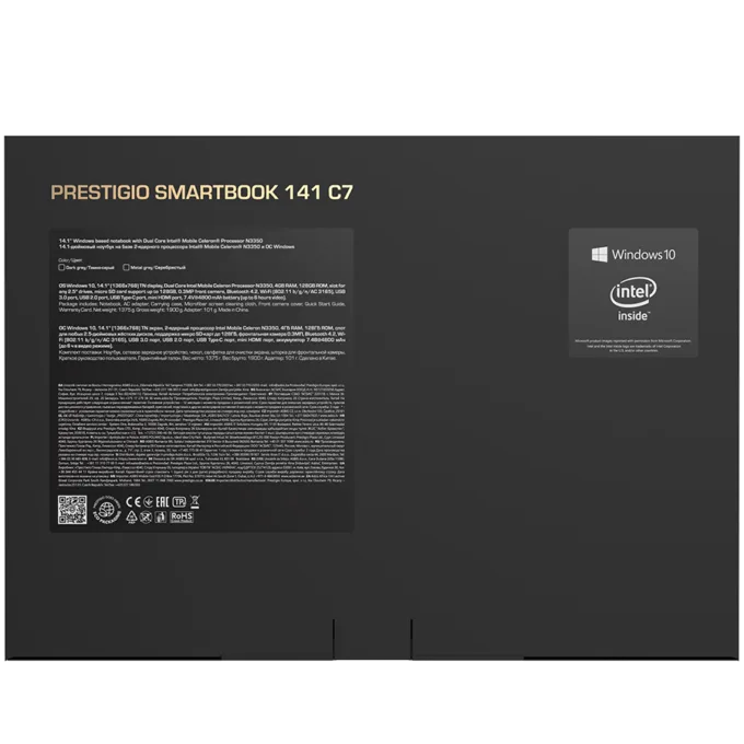 Prestigio SmartBook 141 C7, 14.1"(1366*768) TN, Windows 10 Home, up to 2.4GHz DC Intel Celeron N3350, 4/128GB, BT 4.2, WiFi 802.11 ac, USB 3.0, USB 2.0, USB-C, HDD 2.5" slot, MicroSD card slot, mini HDMI, 0.3MP cam, EN kbd, 7.4V@4800mAh bat, Dark grey — image 14