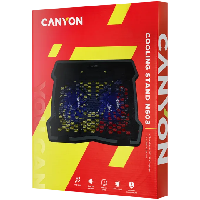 CANYON NS03, Cooling stand dual-fan with 2x2.0 USB hub, support up to 10”-15.6” laptop, ABS plastic and iron, Fans dimension:125*125*15mm(2pcs), DC 5V, fan speed: 800-1000RPM, size:340*265*30mm, 435g — image 4