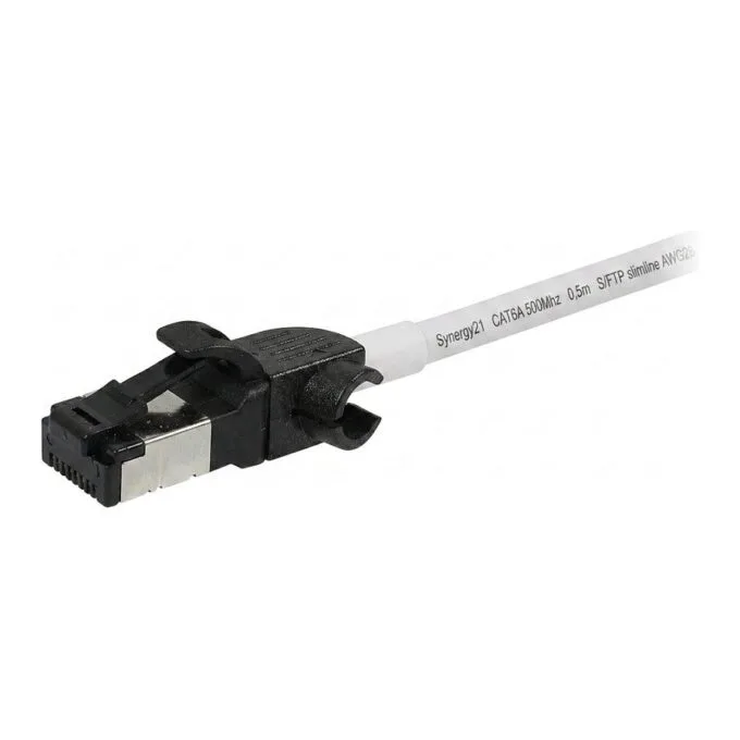 Synergy21 patch cable RJ45, CAT6A 500Mhz, 0.5m, white, S/FTP, slimline around d=4.5mm, TPE/LSZH(Superflex), AWG28, with CAT7 raw, rotatable plug, — image 1