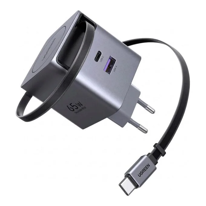 UGREEN X615 65W GaN Fast Charger 1x USB-A 1x USB-C 1x extendable USB-C cable 0,70m — image 1