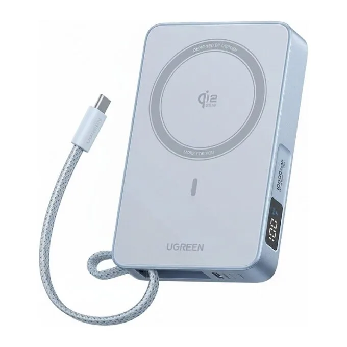 UGREEN PB773 MagFlow 10,000mAh 25W Magnetic Wireless Powerbank Qi2 integrated 30W USB-C fast charging cable MagSafe-compatible silver — image 1