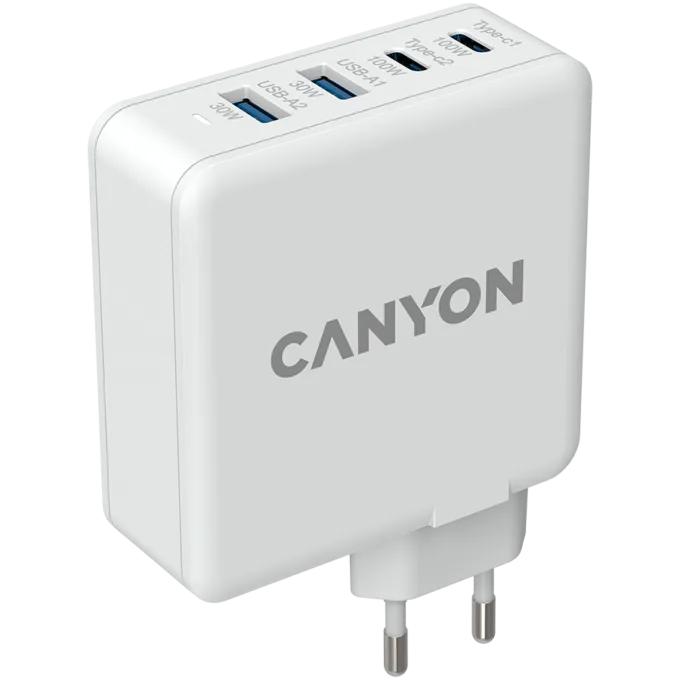 CANYON H-100, GAN 100W charger Input:100V-240V Output: USB-C1/C2: 5V 3A, 9V 3A, 12V 3A, 15V 3A, 20V 5A USB-A 1/A2, 4.5V/5A, 5V/4.5A, 9V/3A, 12V/2.5A, 20V/1.5A C1+C2, 65W + 30W, C1+A1, 65W + 30W, C1+A2, 65W + 30W, C1+A1+A2, 65W — image 2