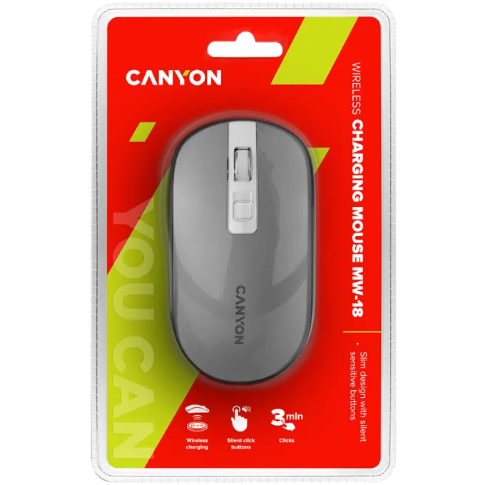 CANYON MW-18, 2.4GHz Wireless Rechargeable Mouse with Pixart sensor, 4keys, Silent switch for right/left keys,DPI: 800/1200/1600, Max. usage 50 hours for one time full charged, 300mAh Li-poly battery, Dark grey, cable length 0.6m, 116.4*63.3*32.3mm, 0.075kg — image 5