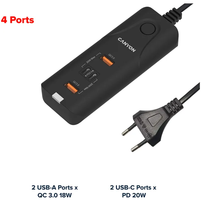 CANYON charger H-10 PD 20W QC 3.0 18W 2USB-A 2USB-C UK Desk Black — image 4