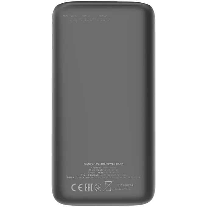 CANYON power bank PB-301 LED 30000 mAh PD 20W QC 3.0 Black — image 2