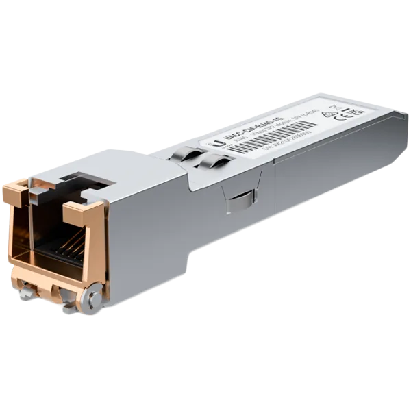 Ubiquiti UACC-CM-RJ45-1G SFP to RJ45 transceiver module that delivers 1 Gbps speed via a converted Ethernet connection. — image 1